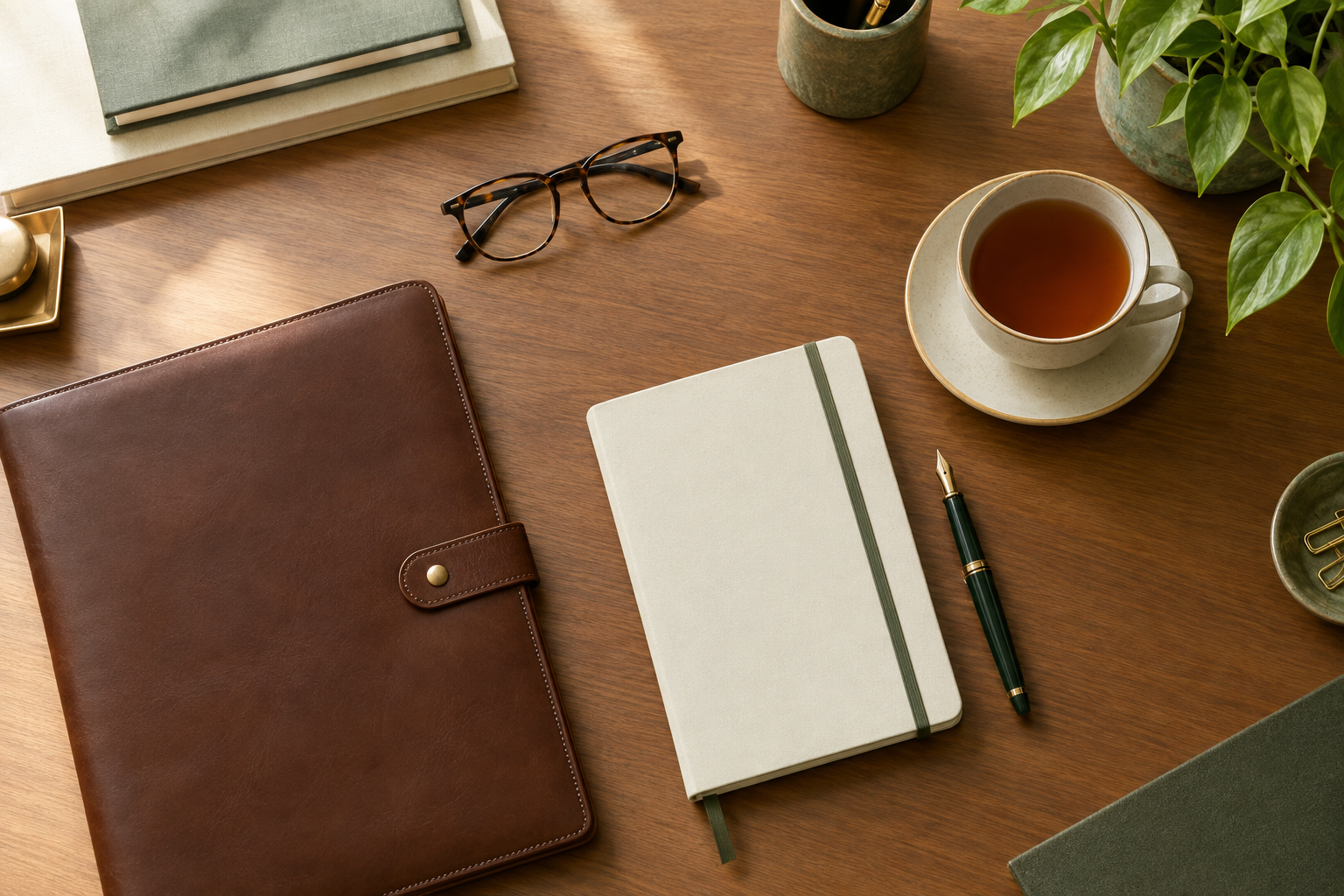 An adviser's desk with documents, notebook and tea