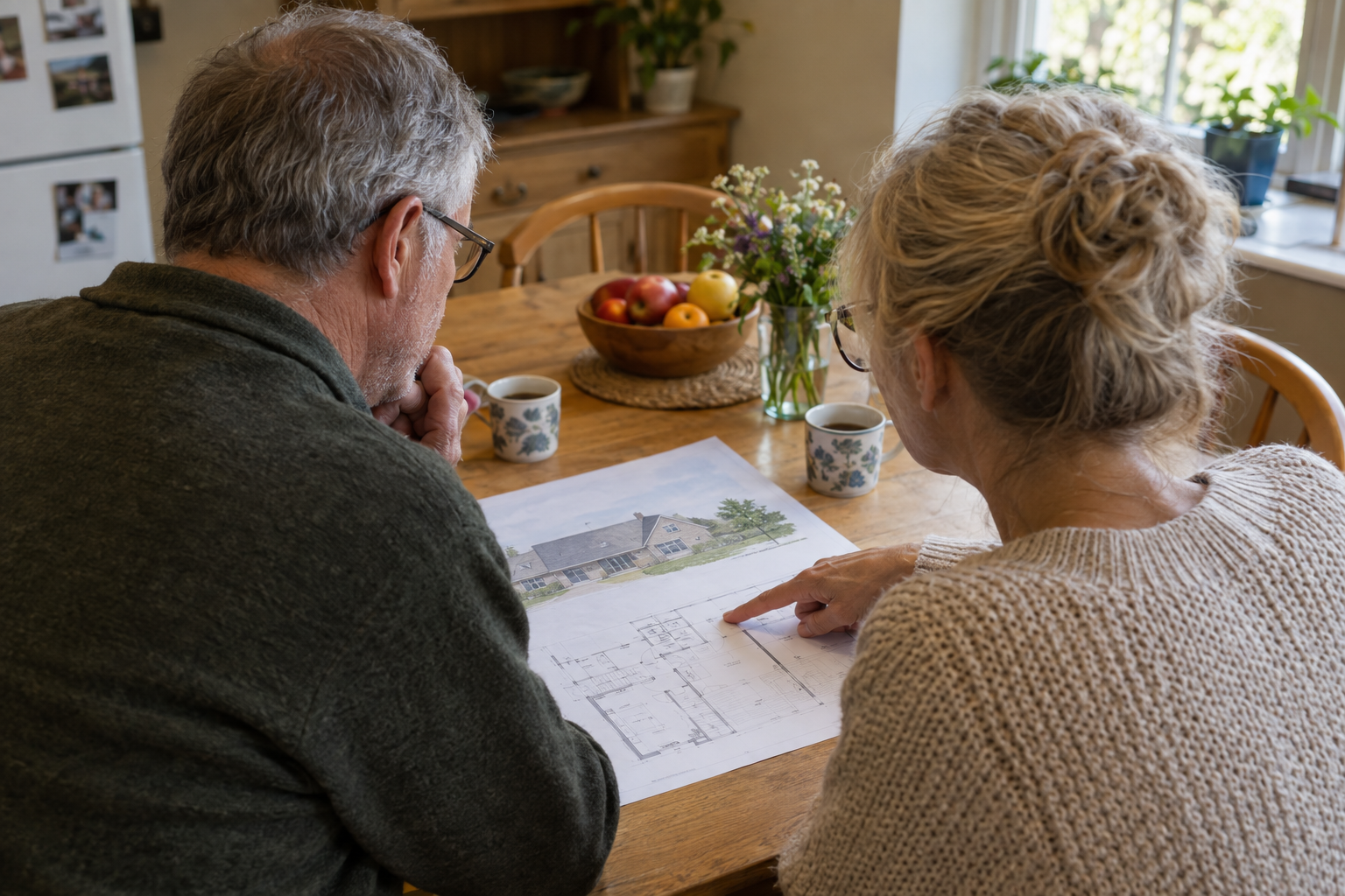 A couple reviewing a printed plan at their kitchen table